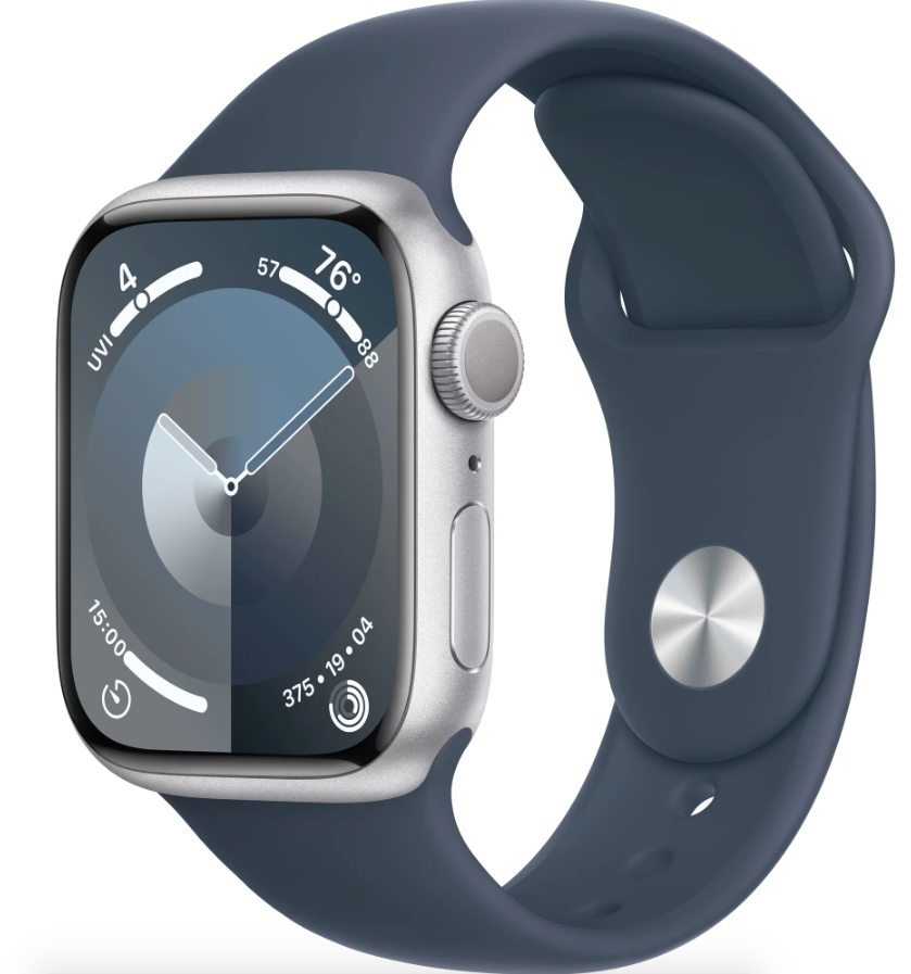 Умные часы Apple Watch Series 9 41mm Silver Aluminum Case with Blue Sport Band в Челябинске купить по недорогим ценам с доставкой